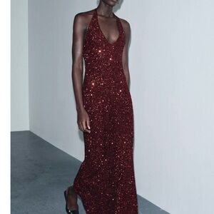 Zara Burgundy Sequin Maxi Dress